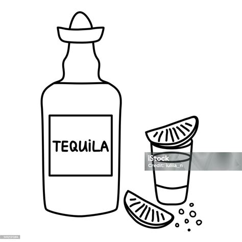 Alcohol Drink Tequila Bottle And Shot With Slice Of Lime And Sal Vector Outline For Coloring