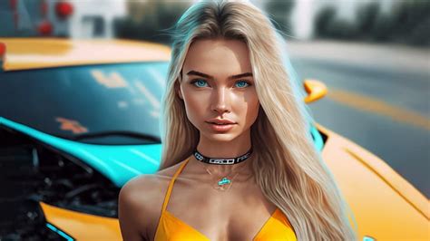 HD Wallpaper AI Art Women Blonde Yellow Choker Bikini Wallpaper