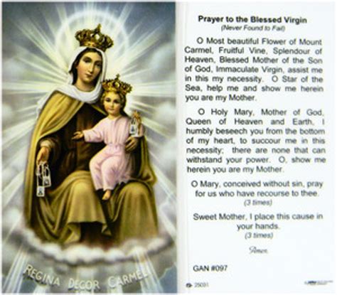 Our Lady Of Mt Carmel Prayer To The Blessed Virgin Laminated Holy Card Our Daily Bread