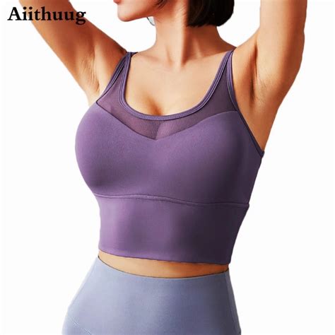 Aiithuug Longline Sports Bra Padded Workout Crop Yoga Bra Tops For