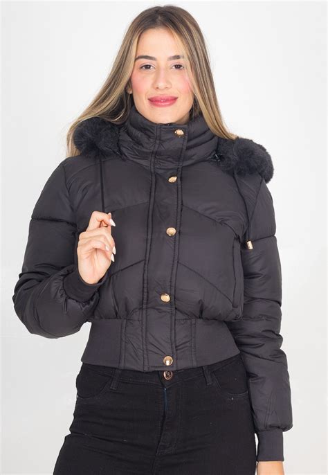 Jaqueta Feminina Curta Puffer Nylon Peluciada Capuz Lisa