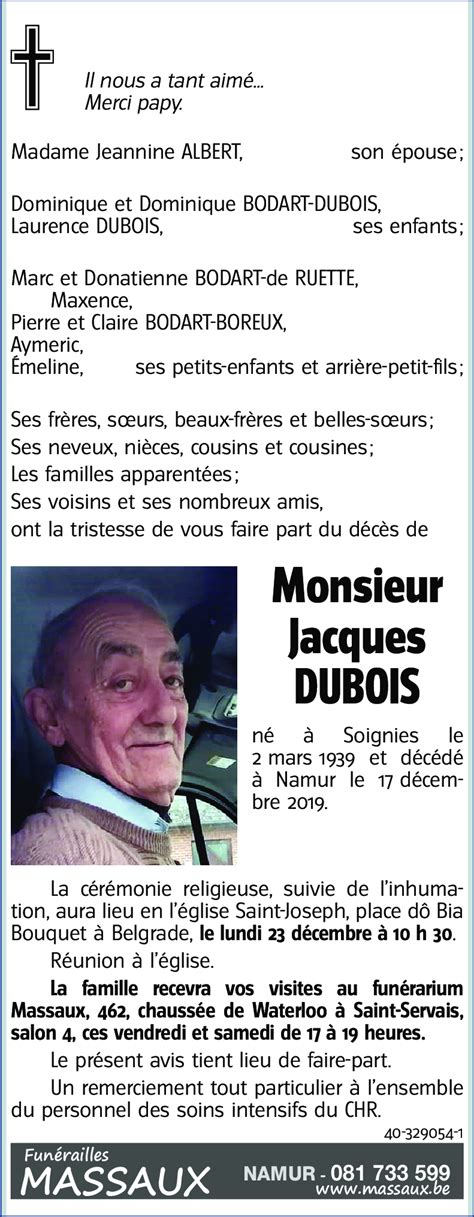 Avis de décès de Jacques DUBOIS décédé le 17 12 2019 à Namur annonce