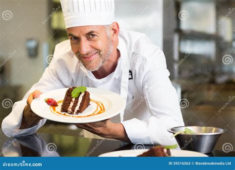 Smiling Male Pastry Chef With Dessert In Kitchen Stock Image Image Of