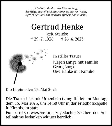 Traueranzeigen Von Gertrud Henke Trauer Hersfelder Zeitung De