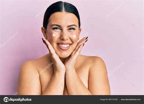 Beautiful Brunette Woman Standing Topless Wearing Face Cream Smiling Happy Stock Photo By