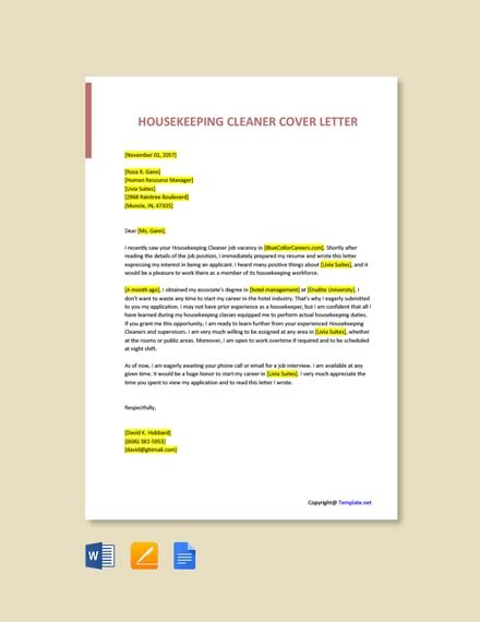 Free Housekeeping Cleaner Cover Letter Template Google Docs Word