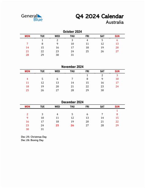 2024 Q4 Calendar With Holidays List For Australia