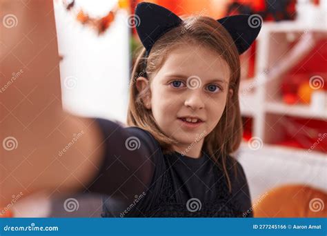 Adorable Blonde Girl Wearing Halloween Costume Make Selfie By Camera At Home Stock Photo Image