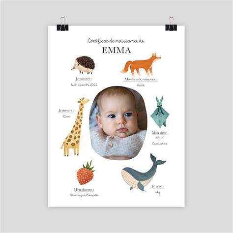 Affiche Naissance Certificat Complet Popcarte