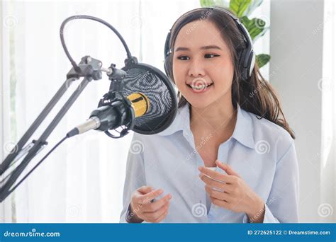 Beautiful Asian Young Woman Radio Host Working Setting Microphone