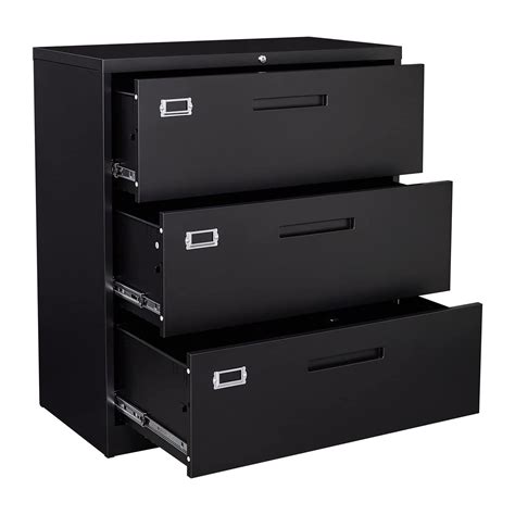 STANI 3 Drawer Lateral File Cabinet With Lock Black Lateral Filing