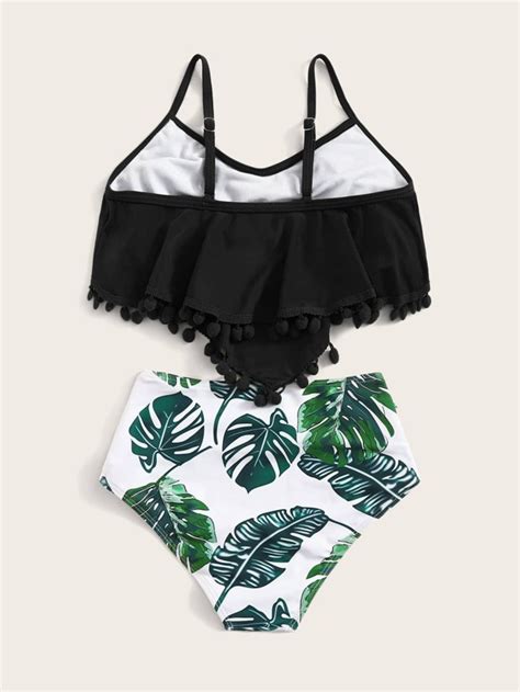 Girls Hanky Hem Top With Random Tropical Bikini Shein Usa