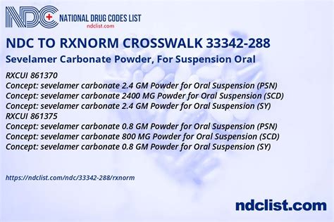 Ndc Rxnorm Crosswalk 33342 288 Sevelamer Carbonate Powder For Suspension Oral