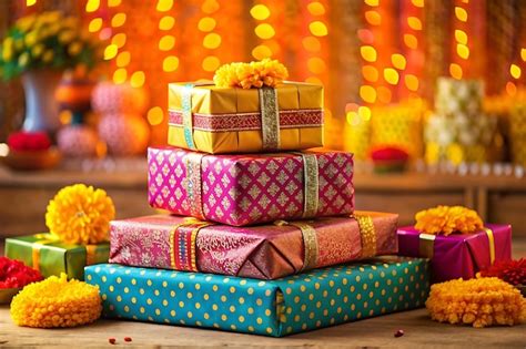 A Stack Of Colorful Gift Boxes Wrapped For Dhanteras Premium AI