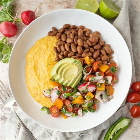 Tex Mex Recipes Polenta Bowl With Pinto Beans Pico De Gallo Salad