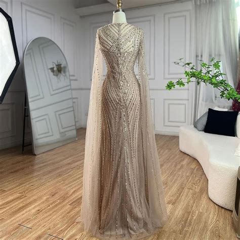 Arabic Elegant Cape Sleeves Mermaid Nude Dubai Evening Dress Beaded Luxury Gown For Women S