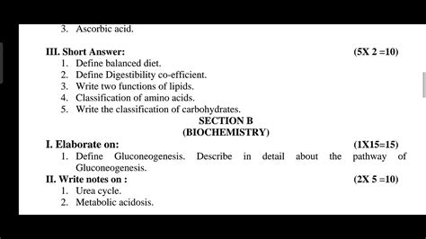 Nutrition And Biochemistry Question Paper For B SC Nursing 1st Year