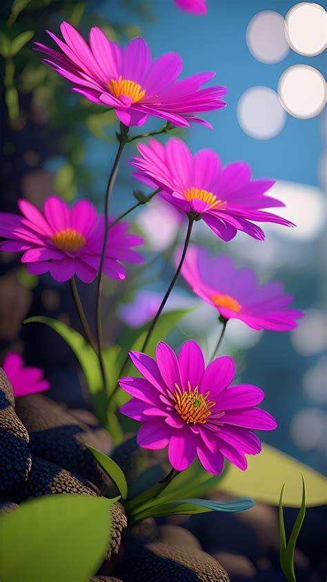 Some Pink Flowers Are Growing Out Of The Ground In Front Of A Blurry