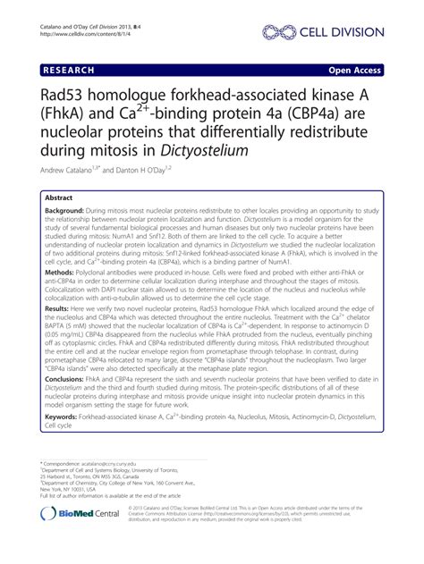 PDF Rad53 Homologue Forkhead Associated Kinase A FhkA And Ca2