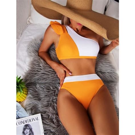 Maillot De Bain Femme Boheme Plage Style Chic Elegant Bikini Mode Glamour Jaune Blanc