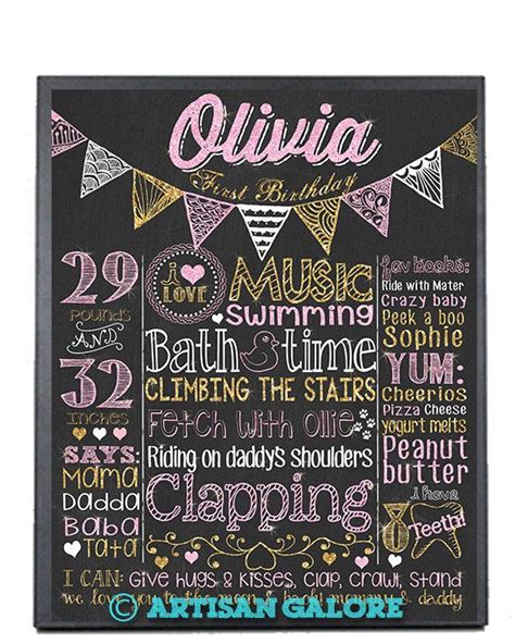 Pink And Gold First Birthday Chalkboard Poster Girl Flags St Birthday