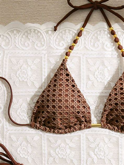 New Design Beaded String Tie Neck Solid Color Textured Fabric Sexy Bikini Set For Sale Australia