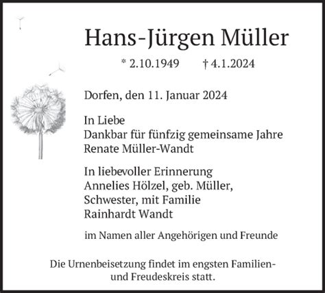 Traueranzeigen von Hans Jürgen Müller trauer merkur de