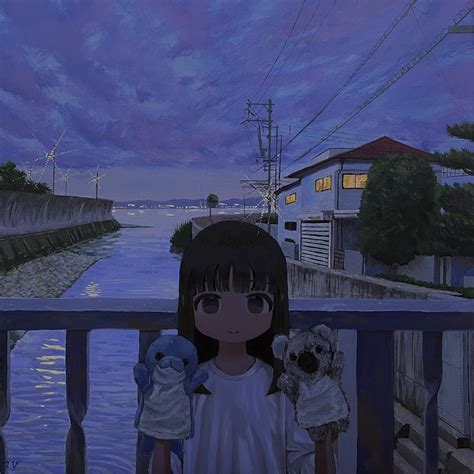 Safebooru 1girl Bay Black Eyes Black Hair Blue Sky Blunt Bangs Blunt Ends City Lights Closed