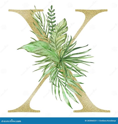 Letter X Decorated With Watercolor Tropical Leaves Stock Illustration