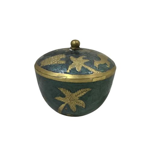 Middle Eastern Enamel Brass Bowl With Lid Golden Green S