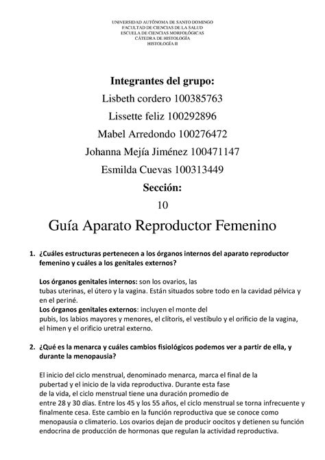 Guía Aparato Reproductor Femenino pdf UNIVERSIDAD AUTÓNOMA DE SANTO