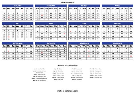 1976 Calendar Free Yearly Printable