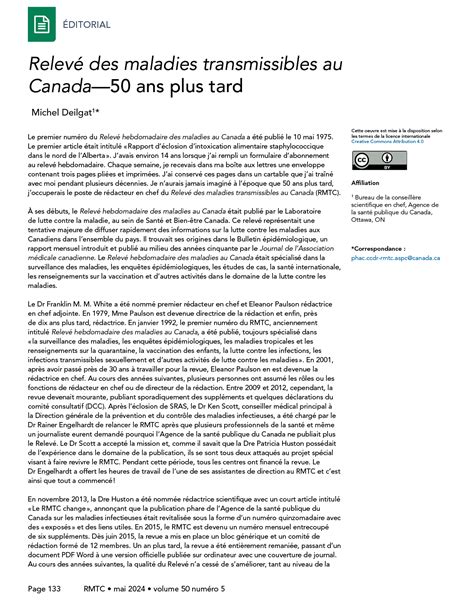 Relevé Des Maladies Transmissibles Au Canada—50 Ans Plus Tard Rmtc 50