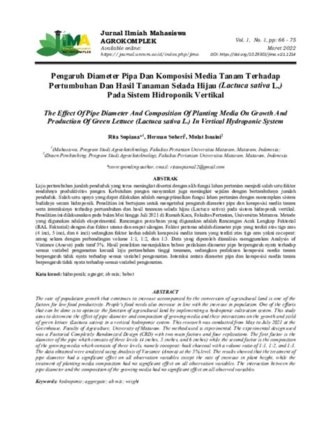 Pdf Pengaruh Diameter Pipa Dan Komposisi Media Tanam Terhadap Pertumbuhan Dan Hasil Tanaman