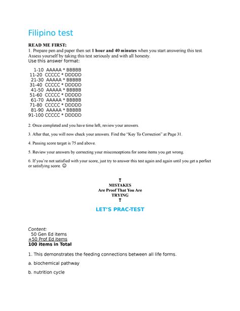 Filipino Test Filipino Test READ ME FIRST 1 Prepare Pen And Paper