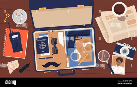 Open Suitcase Of Detective Or Secret Agent Top View Vector