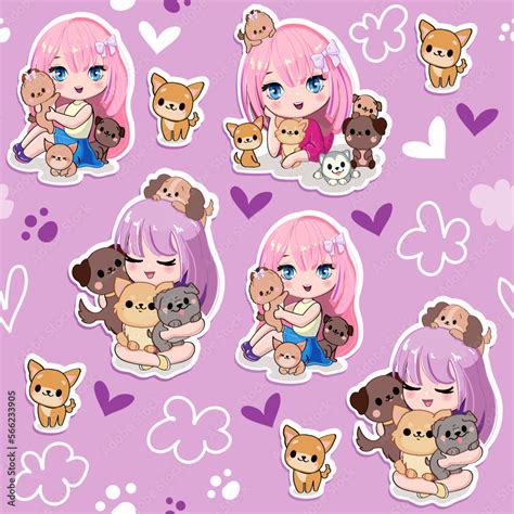 cute cartoon anime girls   kittens  dogs seamless pattern