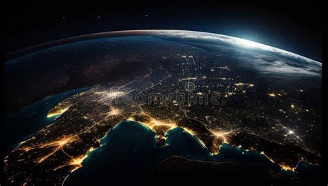 Luces Nocturnas De La Ciudad En El Lado Oscuro Del Planeta Tierra