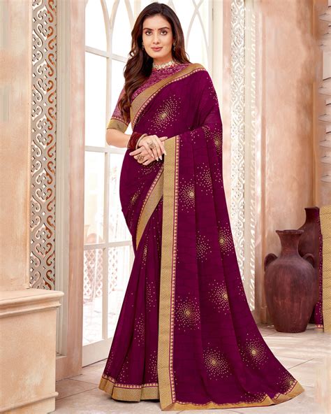 Vishal Prints Wine Chiffon Saree With Foil Print And Zari Border