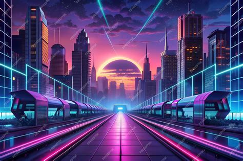 Premium Photo | Neon city with a train track Retrowave art Neon city in ...