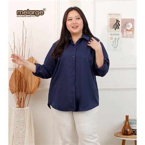 Jual MELARGE Kemeja Polos Wanita Oversize Warna Navy Biru Tua Bigsize