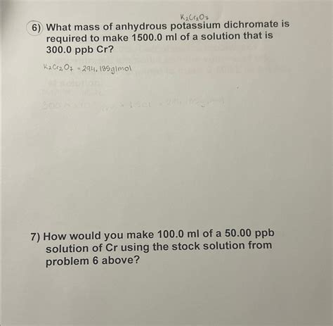 Solved K2Cr2O7What Mass Of Anhydrous Potassium Dichromate Is Chegg