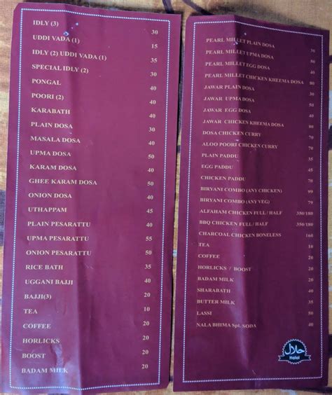 Menu At Nala Bhima Restaurant Bengaluru