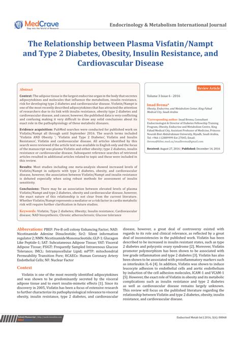 Pdf The Relationship Between Plasma Visfatin Nampt And Type