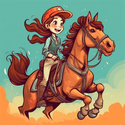 A Girl Riding on a Horse, Cartoon Illustration with Generative Ai Stock ...