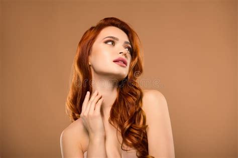 Photo Of Attractive Stunning Woman Touch Soft Neck Look Empty Space Naked Shoulders On Beige