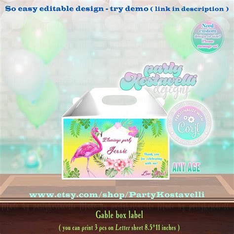 Editable Flamingo Gable Box Label Tropical Birthday Party Gift Box