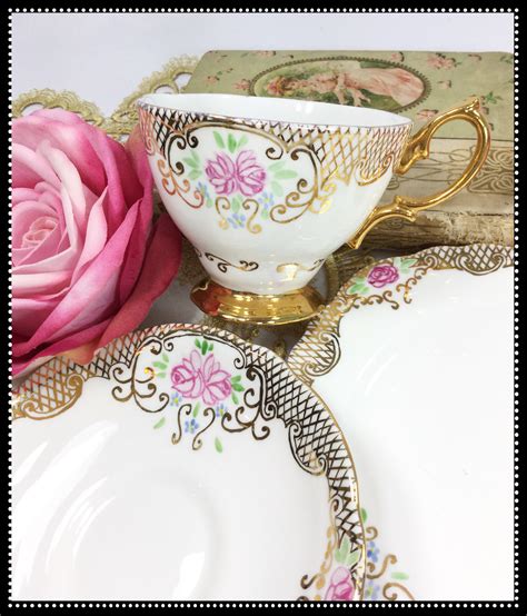 Dainty English Tea Trio Pink Rose Filigree Bone China English Tea Cup