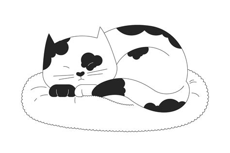 Lazy spotted cat sleeping on pillow black and white 2D line cartoon character. Cute kitten ...