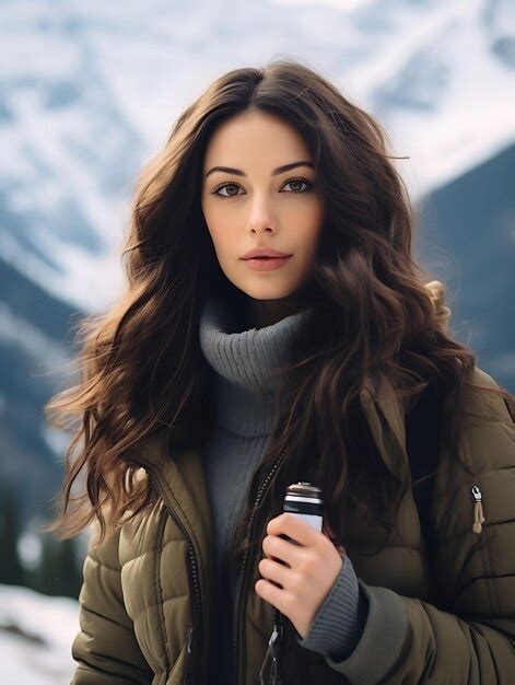 Premium AI Image Photo Of Brunette Canadian Woman Holding A Lip Balm Snowy Mountain Pe Concept